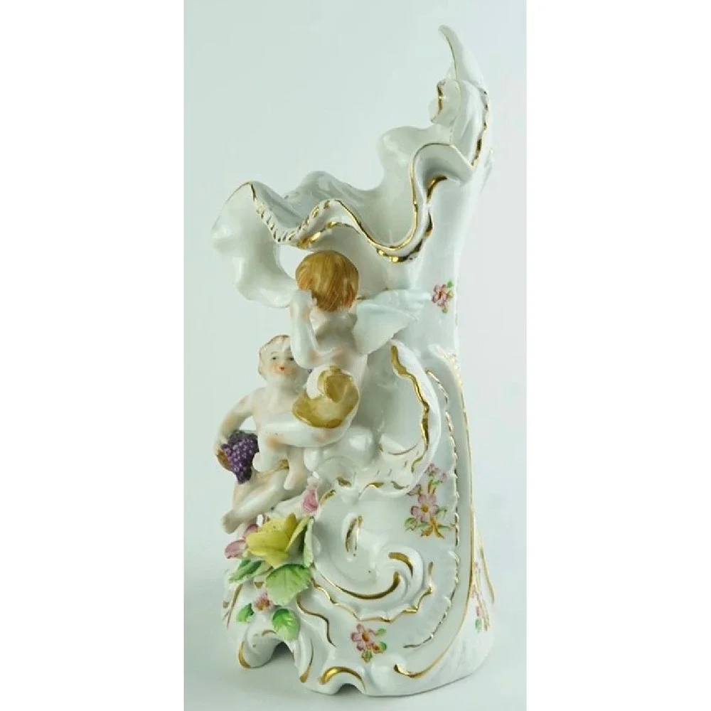 Vintage Porcelain Cherub Cornucopia Vase F-46 Rococo Floral Gold Trim 9in